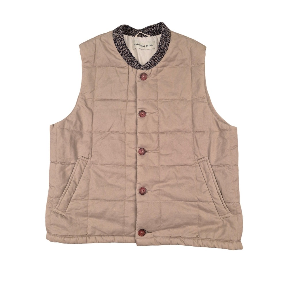 Universal Works Mens‎ Beige Quilted Cotton Gilet Vest Knit Collar Khaki Large L